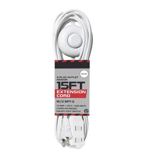 9′ 16/2 3-Outlet Light-Duty Indoor Extension Cord On Off With Foot Switch