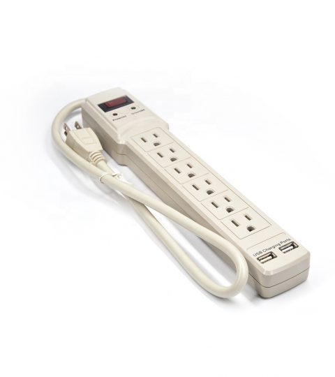 6 Outlet Surge Protector Power Strip With USB Charging Ports / 300 Joules With 8 Foot Power Cord In Black