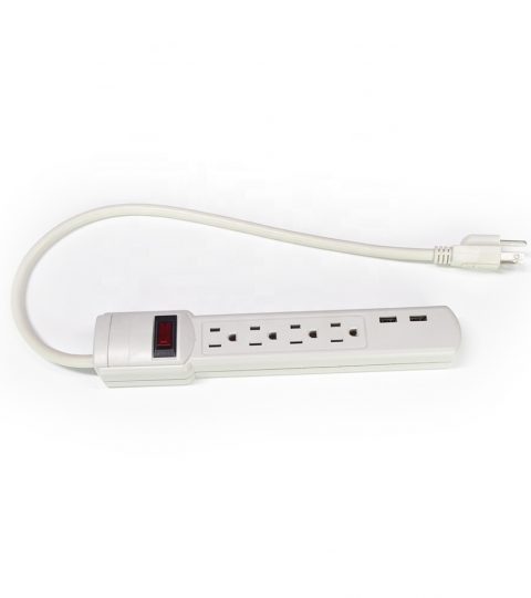 4 Outlet Surge Protector Power Strip With 300 Joules With 3 Foot Power Cord In Gray 2 USB Charger