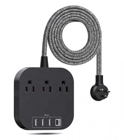 Power Strip With 3USB 1TPYE-C 3Outlet Flat Plug Desktop Charging Station With 6ft Heavy Duty Braided Extension Cord