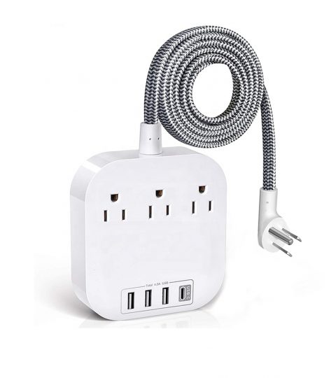 Power Strip With 3USB 1TPYE-C 3Outlet Flat Plug Desktop Charging Station With 6ft Heavy Duty Braided Extension Cord
