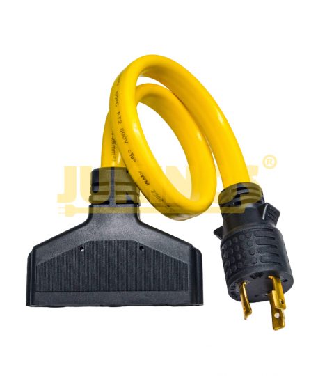 Nema L5-30P To 5-15R 2FT Construction Gen Power Cord 3-Outlets 10/3 Yellow Flat Extension Cord With PVC Jacket