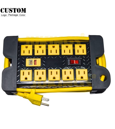 6FT 10 AC Outlet 1USB-A 1Type-C Copper PVC Extension Socket 15A 14/3 Power Strip SDK Network 5-15P Plug Black Yellow CETL ETL