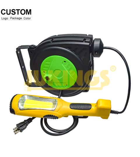 Outdoor 30ft 16AWG/3C SJTW Extension Cord Reel With Three-Stage Lighting Work Light NEMA5-15P Male End For Home & Contractor Use